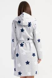 Kadın Pamuklu Kapsonlu Uzun Kol Kısa 2 İplik Sabahlık, Yıldız Baskılı Belden Bağlamalı, Cepli - Thumbnail