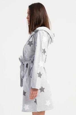 Kadın Pamuklu Kapsonlu Uzun Kol Kısa 2 İplik Sabahlık, Yıldız Baskılı Belden Bağlamalı, Cepli - 2