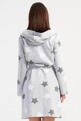Kadın Pamuklu Kapsonlu Uzun Kol Kısa 2 İplik Sabahlık, Yıldız Baskılı Belden Bağlamalı, Cepli - 3