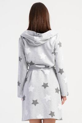 Kadın Pamuklu Kapsonlu Uzun Kol Kısa 2 İplik Sabahlık, Yıldız Baskılı Belden Bağlamalı, Cepli - 3