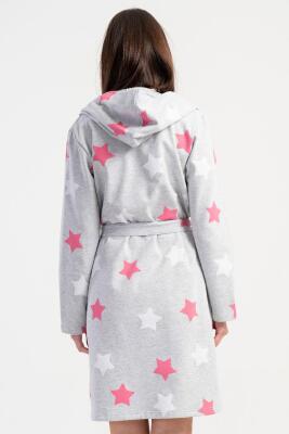 Kadın Pamuklu Kapsonlu Uzun Kol Kısa 2 İplik Sabahlık, Yıldız Baskılı Belden Bağlamalı, Cepli - 6