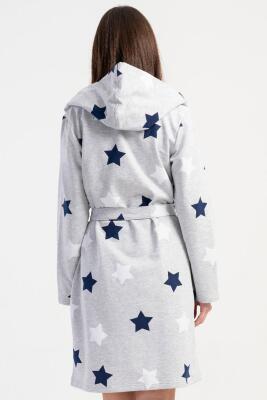Kadın Pamuklu Kapsonlu Uzun Kol Kısa 2 İplik Sabahlık, Yıldız Baskılı Belden Bağlamalı, Cepli - 9