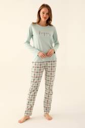 Kadın Pamuklu Mevsimlik Pijama Takım, Üst Düz Renk Yazılı Alt Ekoseli Kadın Pijama Takım - Thumbnail