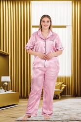 Kadın Pembe Çizgili Büyük Beden Kısakollu Saten Pijama Takım (1)