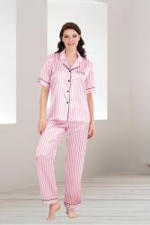 Kadın Pembe Çizgili Kısakol Saten Düğmeli Gömlek Pijama Takım