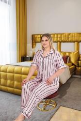 Kadın Pembe Siyah Çizgili Büyük Beden Kısakollu Saten Pijama Takım - 2