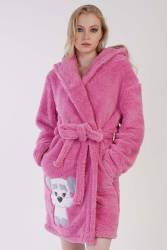 Kadın Pembe Süper Yumuşak Welwelsoft Kapsonlu Uzun Kol Kısa Sabahlık - Thumbnail