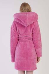 Kadın Pembe Süper Yumuşak Welwelsoft Kapsonlu Uzun Kol Kısa Sabahlık - Thumbnail