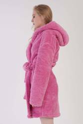 Kadın Pembe Süper Yumuşak Welwelsoft Kapsonlu Uzun Kol Kısa Sabahlık - Thumbnail