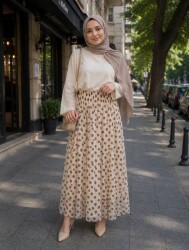 Kadın Puantiyeli Tül Etek, Astarlı Etek, 95cm, Standart Beden KREM