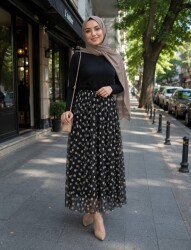 Kadın Puantiyeli Tül Etek, Astarlı Etek, 95cm, Standart Beden SIYAH
