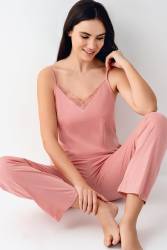 Kadın Retro Pembe 3'lü Pijama Takım, %50 Pamuk %50 Modal kumaş - Thumbnail