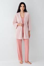 Kadın Retro Pembe 3'lü Pijama Takım, %50 Pamuk %50 Modal kumaş - Thumbnail