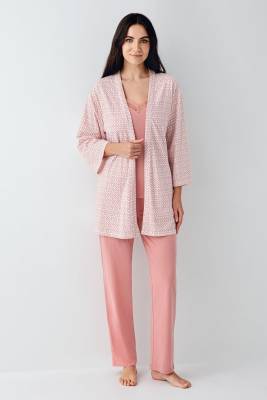 Kadın Retro Pembe 3'lü Pijama Takım, %50 Pamuk %50 Modal kumaş - 3