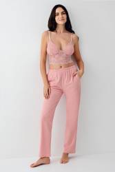 Kadın Retro Pembe 3'lü Takım, Pijama Sabahlık Bralet Takım, %50 Pamuk %50 Modal - Thumbnail
