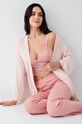 Arnetta - Kadın Retro Pembe 3'lü Takım, Pijama Sabahlık Bralet Takım, %50 Pamuk %50 Modal
