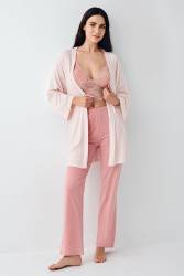 Kadın Retro Pembe 3'lü Takım, Pijama Sabahlık Bralet Takım, %50 Pamuk %50 Modal (1)