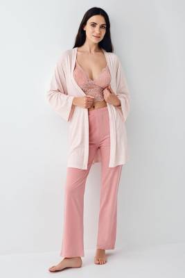 Arnetta - Kadın Retro Pembe 3'lü Takım, Pijama Sabahlık Bralet Takım, %50 Pamuk %50 Modal (1)