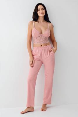 Kadın Retro Pembe 3'lü Takım, Pijama Sabahlık Bralet Takım, %50 Pamuk %50 Modal - 3