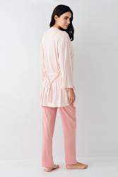 Kadın Retro Pembe 3'lü Takım, Pijama Sabahlık Bralet Takım, %50 Pamuk %50 Modal - 5