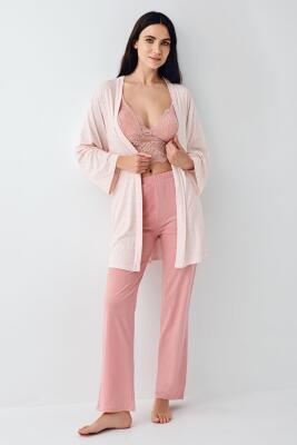 Kadın Retro Pembe 3'lü Takım, Pijama Sabahlık Bralet Takım, %50 Pamuk %50 Modal - 2