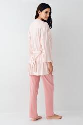 Kadın Retro Pembe 3'lü Takım, Pijama Sabahlık Bralet Takım, %50 Pamuk %50 Modal - 5