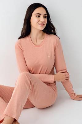 Pierre Cardin - Kadın Retro Pembe Pijama Takım, Cep Detaylı, %50 Pamuk %50 Modal kumaş