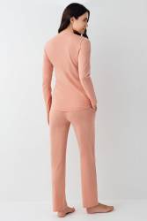 Kadın Retro Pembe Pijama Takım, Cep Detaylı, %50 Pamuk %50 Modal kumaş - Thumbnail