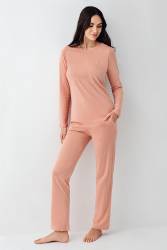 Kadın Retro Pembe Pijama Takım, Cep Detaylı, %50 Pamuk %50 Modal kumaş - Thumbnail