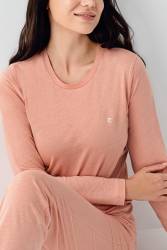 Kadın Retro Pembe Pijama Takım, Cep Detaylı, %50 Pamuk %50 Modal kumaş - Thumbnail