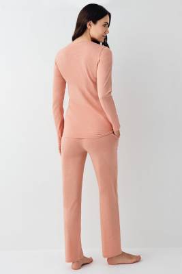 Kadın Retro Pembe Pijama Takım, Cep Detaylı, %50 Pamuk %50 Modal kumaş - 4