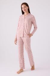 Kadın Retro Pembe Pijama Takım, Uzunkol Boydan Düğmeli ve Cepli Kadın Pijama Takım