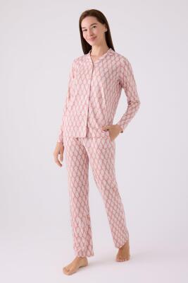 Kadın Retro Pembe Pijama Takım, Uzunkol Boydan Düğmeli ve Cepli Kadın Pijama Takım - 1