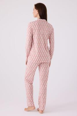 Kadın Retro Pembe Pijama Takım, Uzunkol Boydan Düğmeli ve Cepli Kadın Pijama Takım - 2