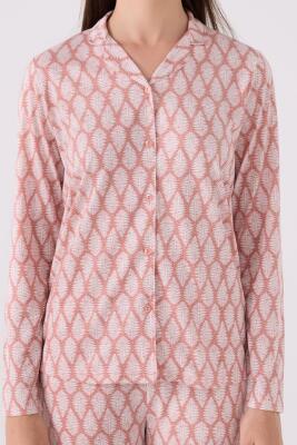 Kadın Retro Pembe Pijama Takım, Uzunkol Boydan Düğmeli ve Cepli Kadın Pijama Takım - 3