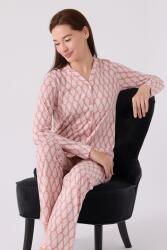 Kadın Retro Pembe Pijama Takım, Uzunkol Boydan Düğmeli ve Cepli Kadın Pijama Takım - 4