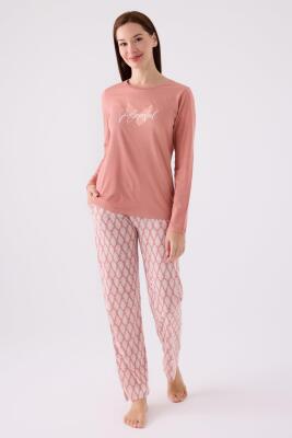 Kadın Retro Pembe Pijama Takım, Uzunkol Yuvarlak Yaka ve Cep Detaylı - 1