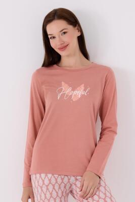 Kadın Retro Pembe Pijama Takım, Uzunkol Yuvarlak Yaka ve Cep Detaylı - 2