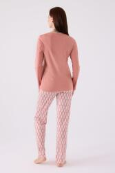 Kadın Retro Pembe Pijama Takım, Uzunkol Yuvarlak Yaka ve Cep Detaylı - 4