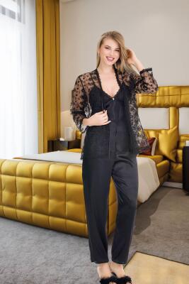 Kadın Saten 3'lü Pijama Takım Brode Sabahlık Set, - 9