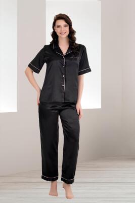 Kadın Saten Düz Renk Önden Düğmeli Biyeli Kısa Kol Saten Pijama Takım - 9