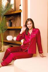 Kadın Saten Düz Renk Önden Düğmeli Biyeli Uzun Kol Saten Pijama Takım - 4