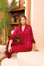 Kadın Saten Düz Renk Önden Düğmeli Tüylü Truvakar Kol Saten Pijama Takım - 4