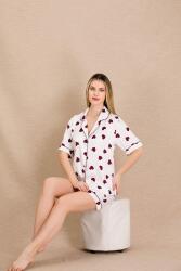 Kadın Saten Kalp Baskılı Gömlek Şort Takım, Önden Düğmeli  - 2