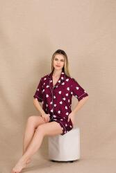 Kadın Saten Kalp Baskılı Gömlek Şort Takım, Önden Düğmeli  - 4