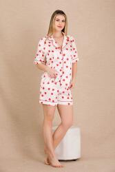 Kadın Saten Kalp Baskılı Gömlek Şort Takım, Önden Düğmeli  - 5