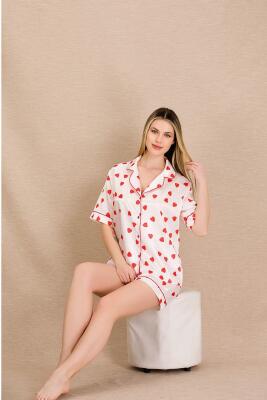 Kadın Saten Kalp Baskılı Gömlek Şort Takım, Önden Düğmeli  - 6
