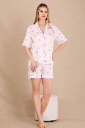 Kadın Saten Kalp Baskılı Gömlek Şort Takım, Önden Düğmeli  - 8