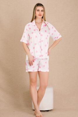 Kadın Saten Kalp Baskılı Gömlek Şort Takım, Önden Düğmeli  - 8