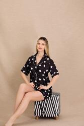 Kadın Saten Kalp Baskılı Gömlek Şort Takım, Önden Düğmeli  - 9